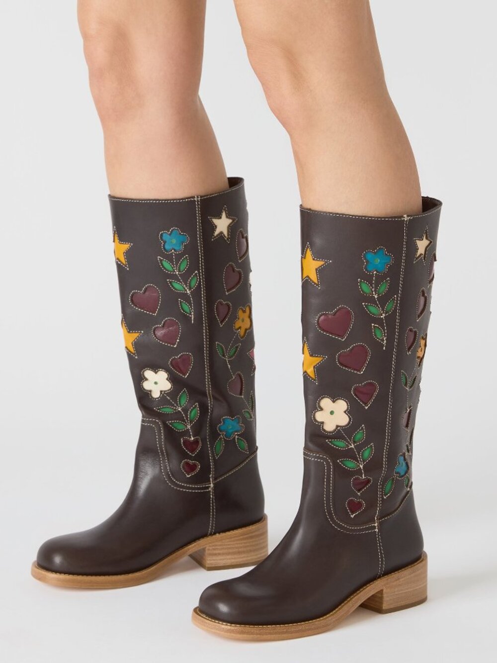 Steve Madden Riggs Floral Boot in Brown leather knee high cowboy